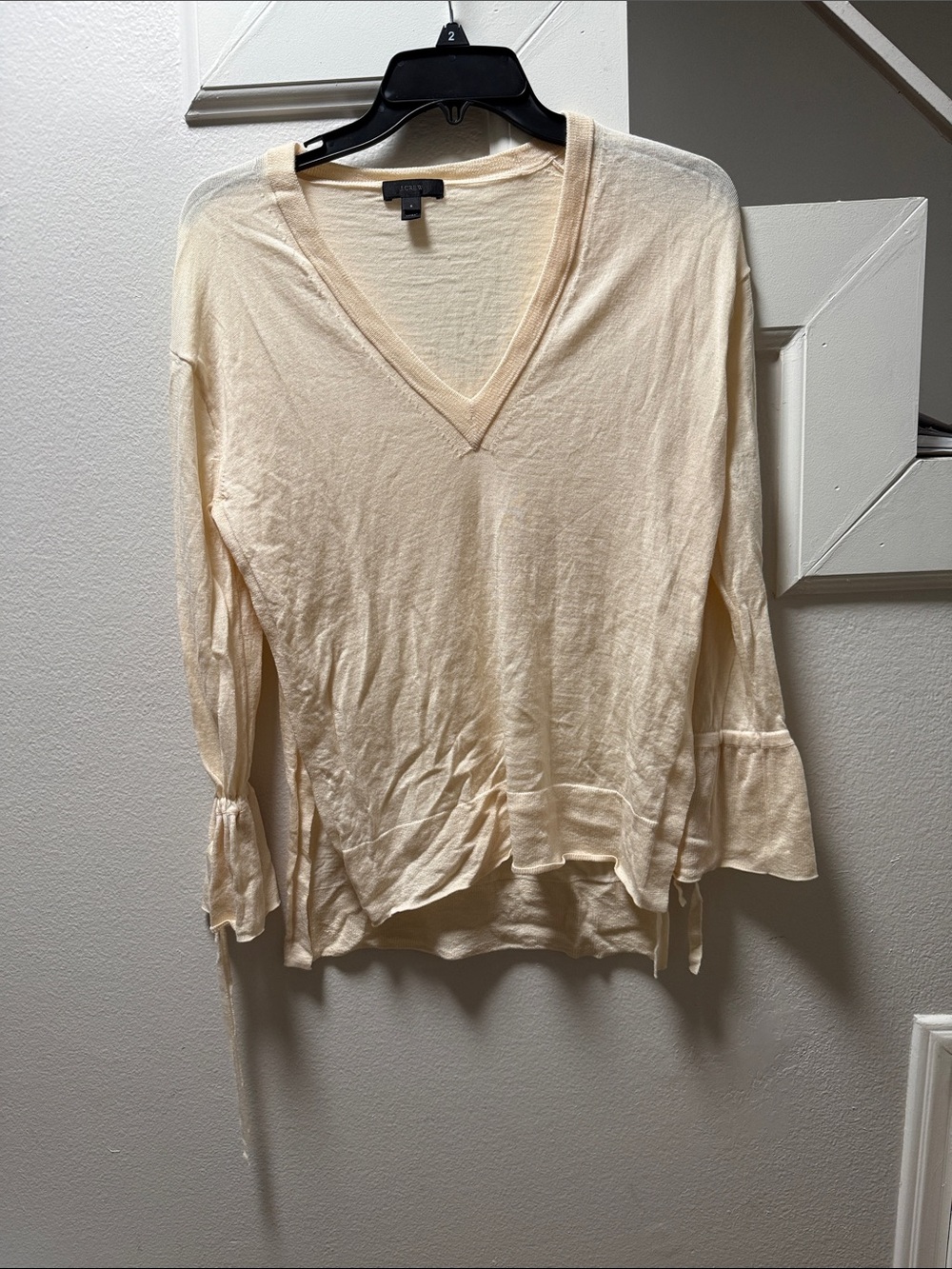 J. Crew Light Cream V-Neck Sheer Tunic with Tie Sleeve Detail